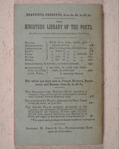 Miniature Library of The Poets. [in Oak Case with rolling tambour front shutter] Works of Shakespeare, and Poems of Burns, Byron, Longfellow, Milton, Scott, Sheridan & Goldsmith. Kent & Co., W. Paternoster Row, London. 1884-90