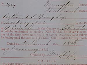 Licence for One Male Servant Arthur Hugh Smith-Barry>>>CRICKETER<<< Publication Date: 1871 Condition: Very Good